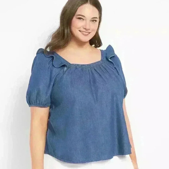 Lane Bryant Short Bubble Sleeve Ruffled Square Neck Top NWT Size 20 - Picture 1 of 7